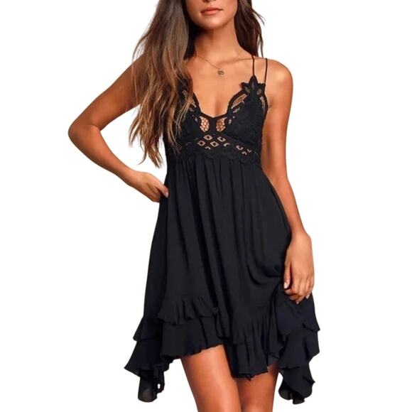Free People FP One Adella Black Lace Short Dress, Boho, Sheer, Sexy, Size Small - Picture 1 of 8